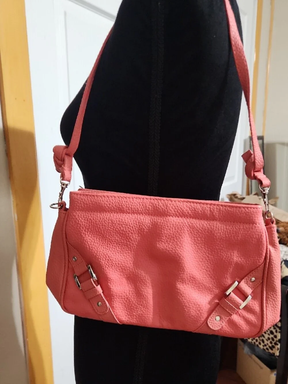 Classic Coral Crossbody Shoulder Bag With Buckle Accents